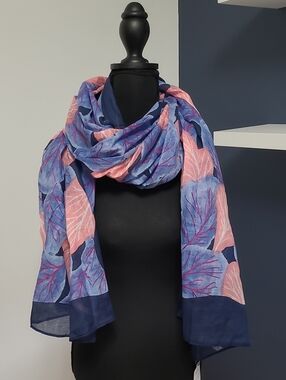 100% Cotton Navy Scarf with Pink and Light Blue Leaves 43" × 71"